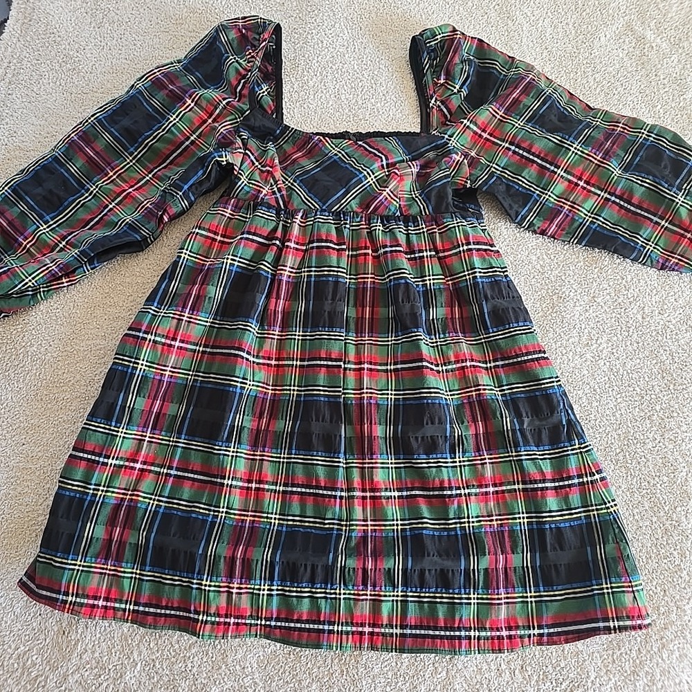 J Crew BD491 Sz 6 Puff-Sleeve Smocked Mini Dress in Holiday Stewart Tartan Plaid